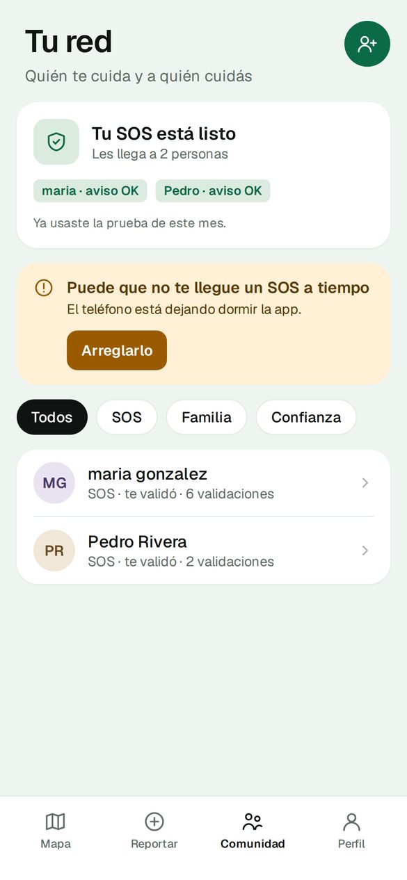 Pantalla Tu red: el SOS está listo y les llega a dos personas