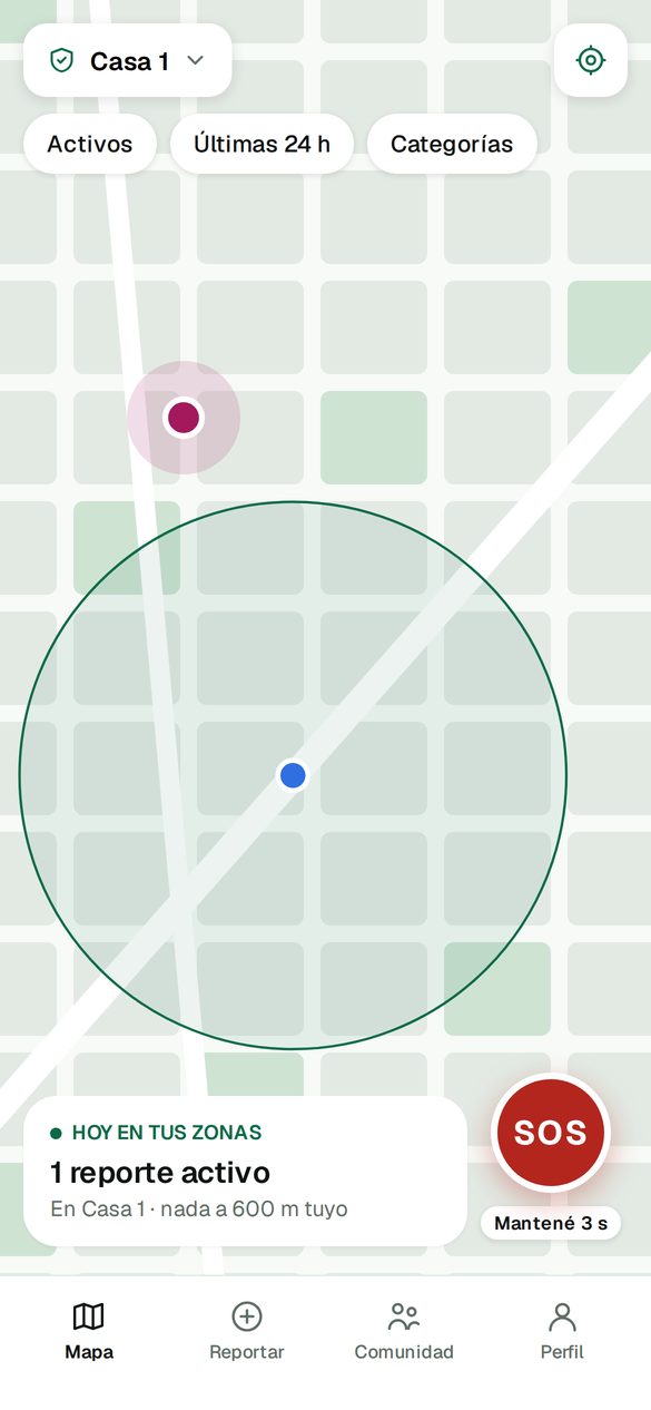 Pantalla del mapa de ResPública: la zona Casa con su radio, un reporte activo y el botón de SOS