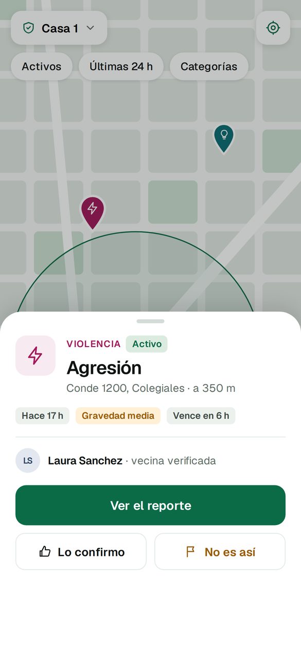 Pantalla de un reporte de Violencia en el mapa, con los botones Lo confirmo y No es así