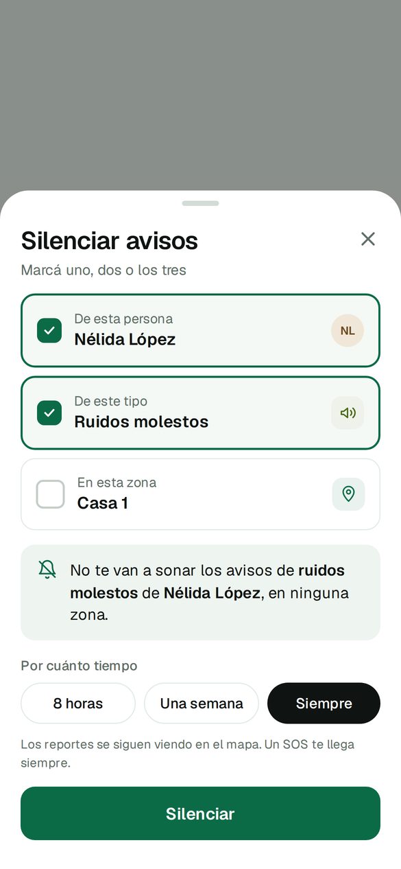Hoja Silenciar avisos con las opciones De esta persona, De este tipo y En esta zona, y la duración